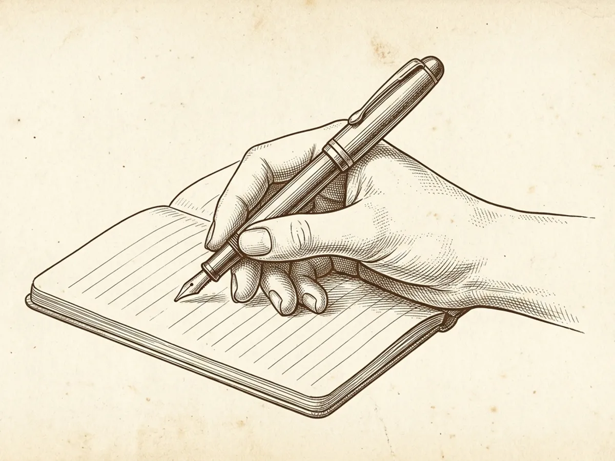 A fountain pen held above an open notebook in writing posture