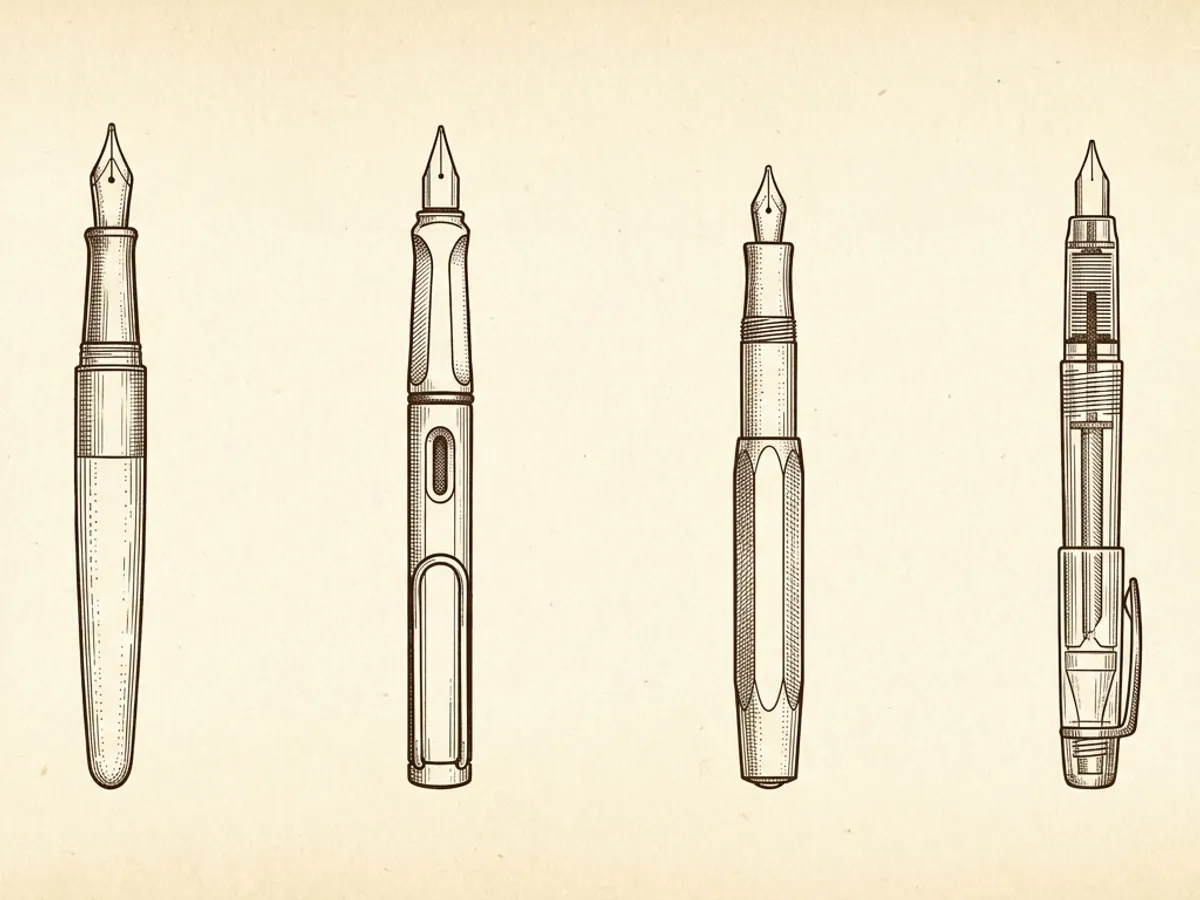 Four uncapped fountain pens lined up: Pilot Metropolitan, Lamy Safari, Kaweco Sport, Platinum Preppy