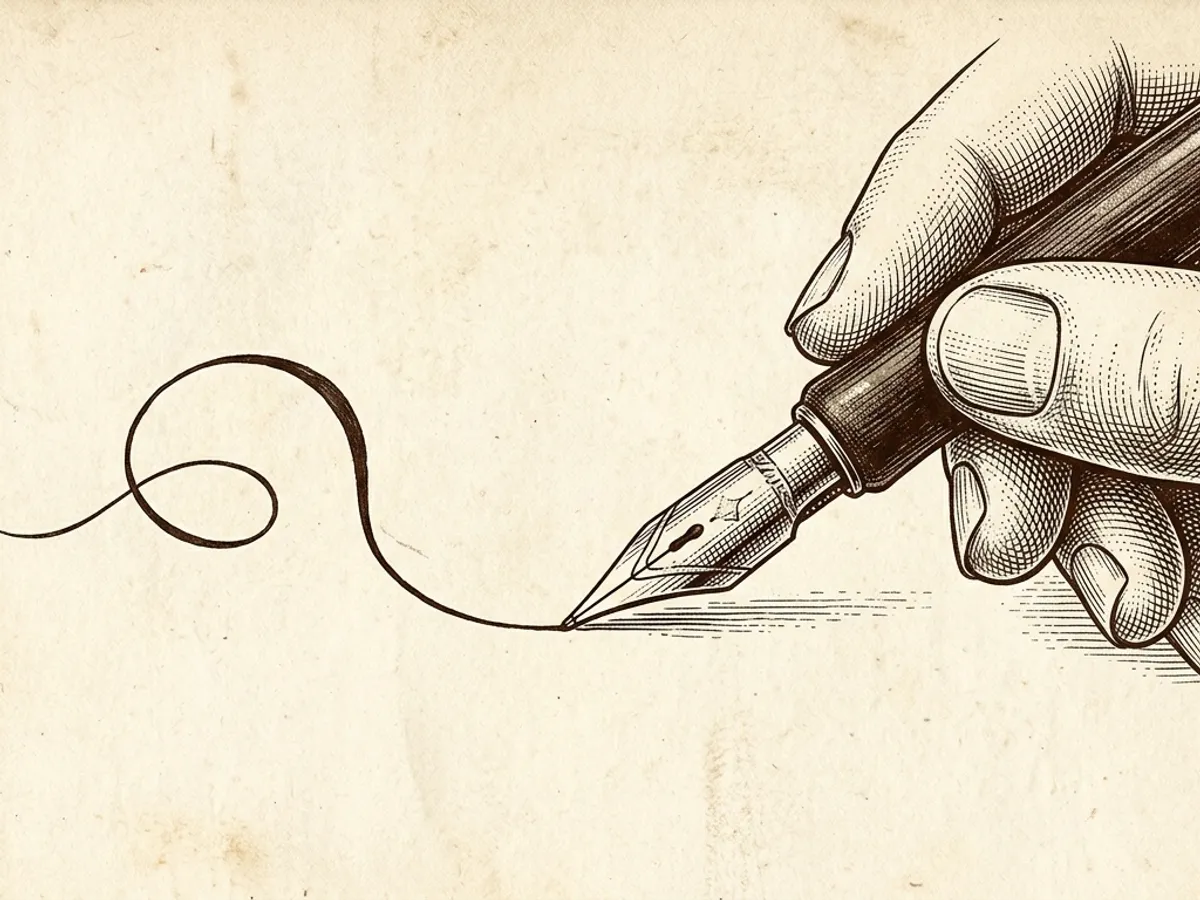 A fountain pen nib drawing an ink line that forms a question mark