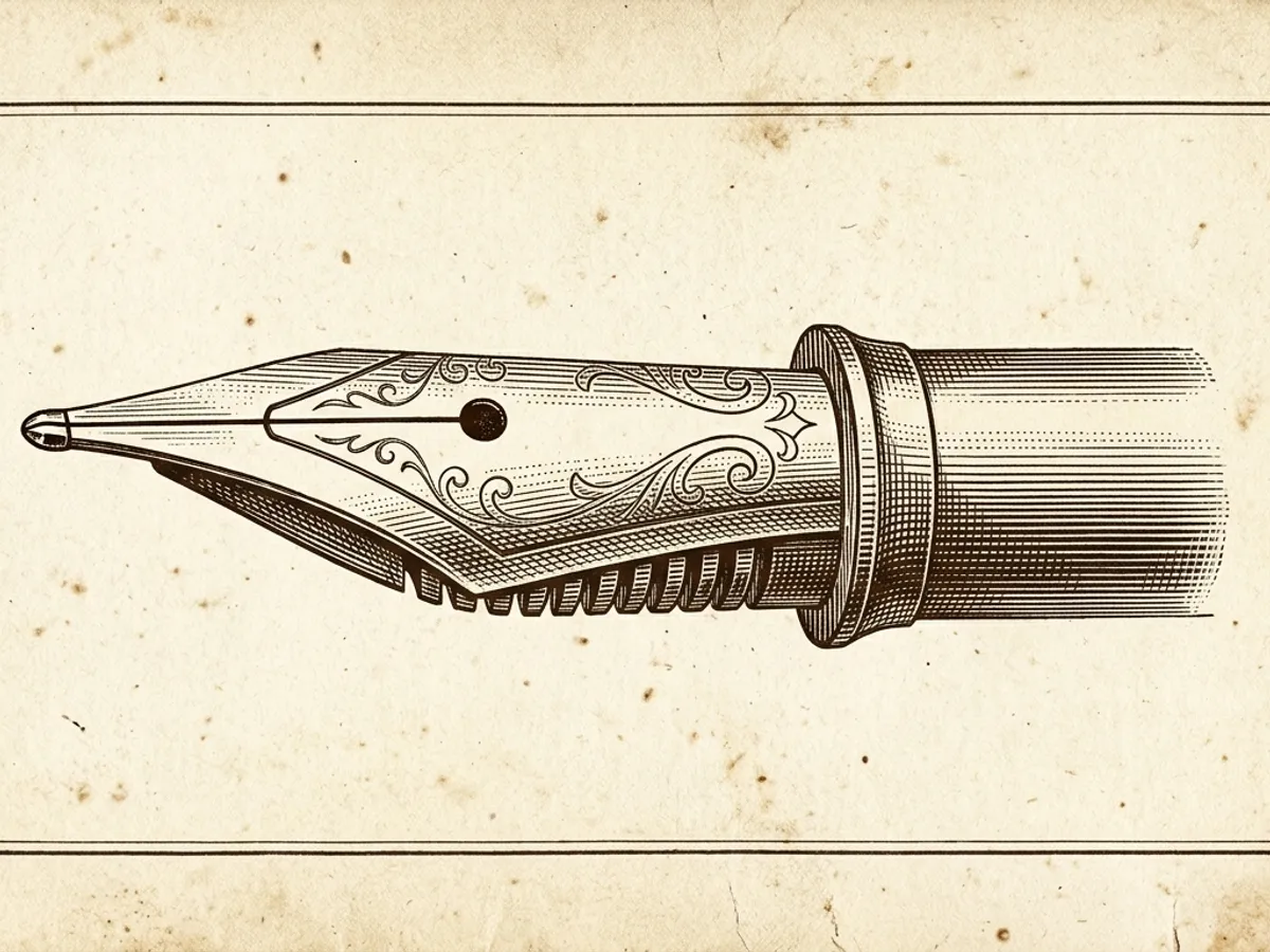 Close-up of a fountain pen nib showing the split tines, central slit, and rounded tipping ball at the writing point