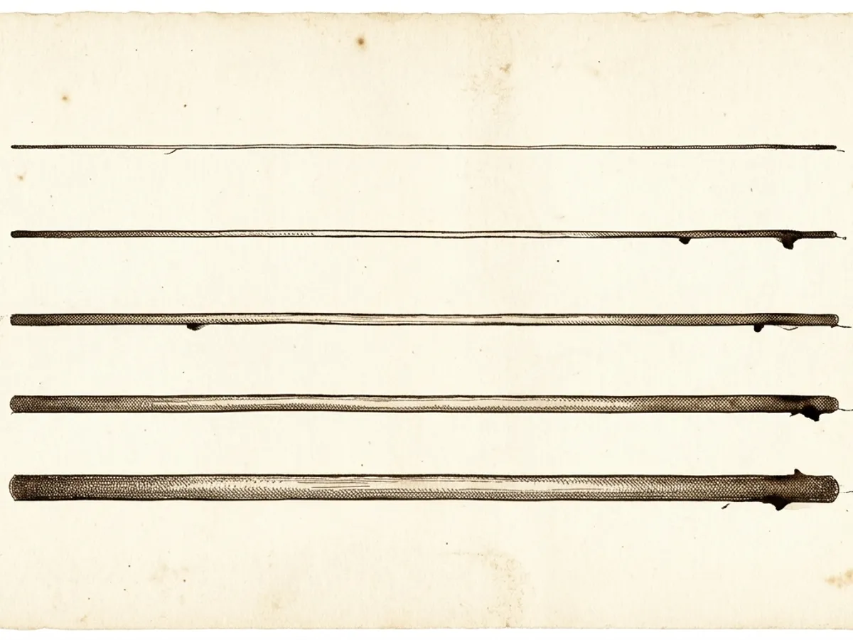 Five parallel ink lines on cream paper ranging from a thin extra fine line to a thick broad line, each labeled with its nib size