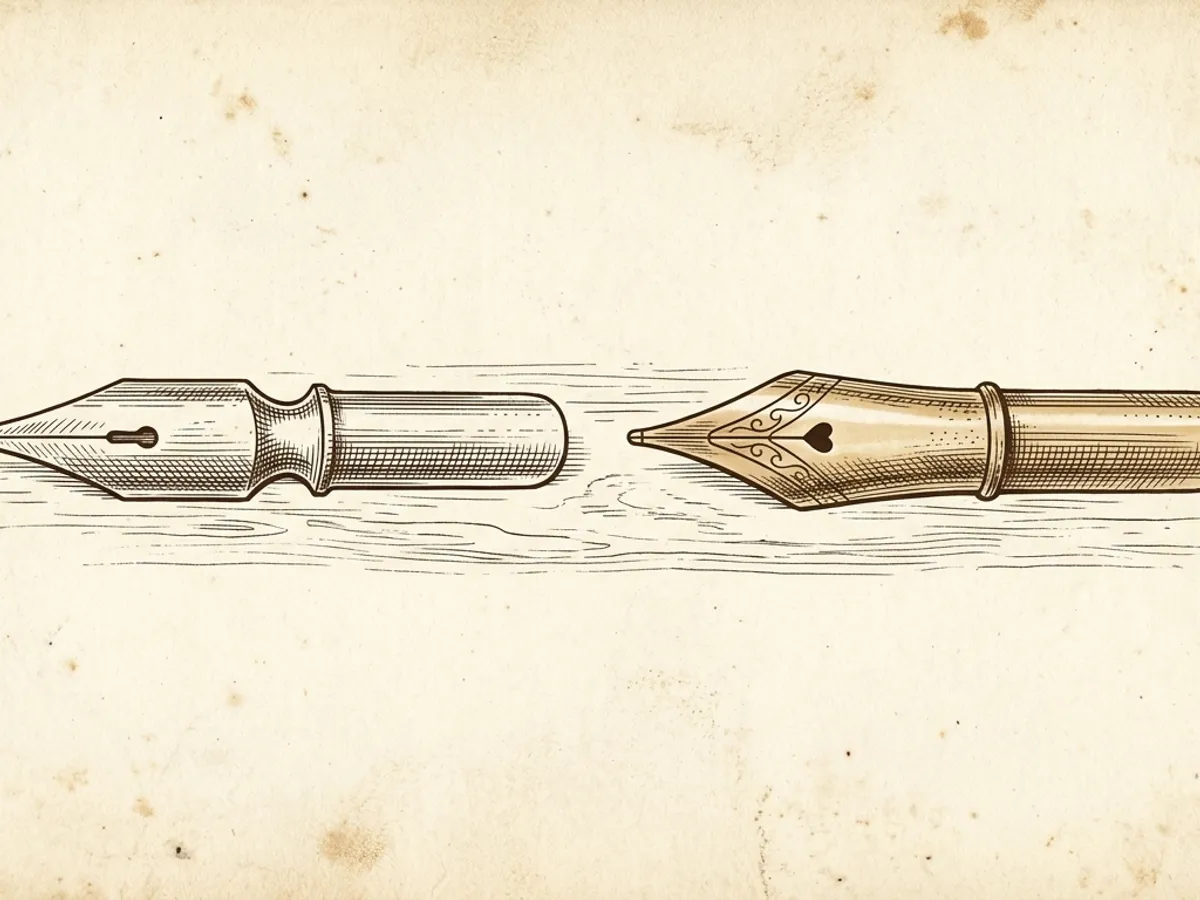 A silver steel fountain pen nib and a gold fountain pen nib resting side by side on cream writing paper