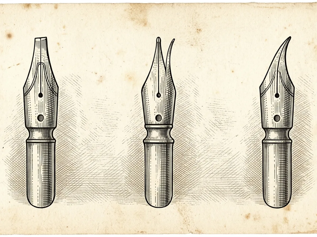 Three fountain pen nibs arranged on a cream surface: a rectangular stub nib, a flex nib with slightly spread tines, and an upturned fude nib