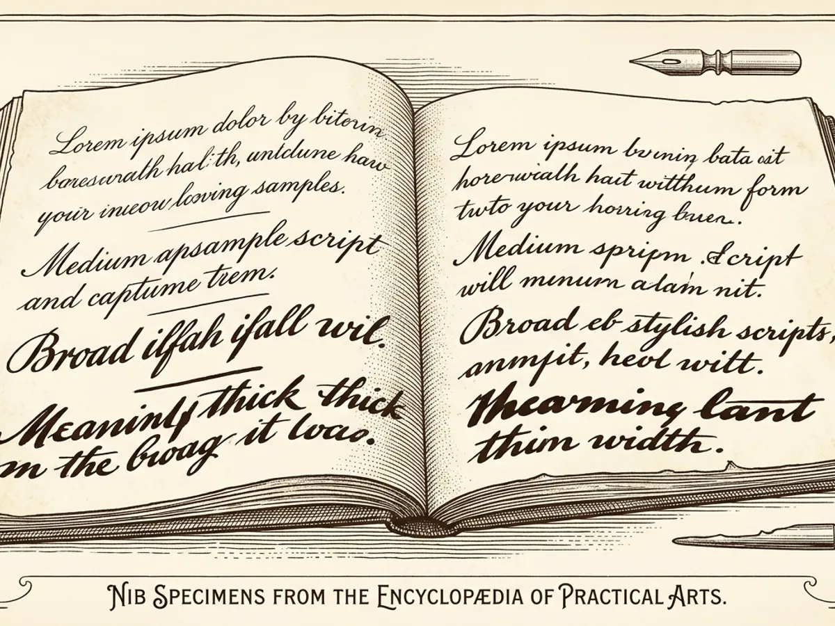 Open notebook page showing handwriting samples written in four nib widths from fine to broad, each line slightly bolder than the last