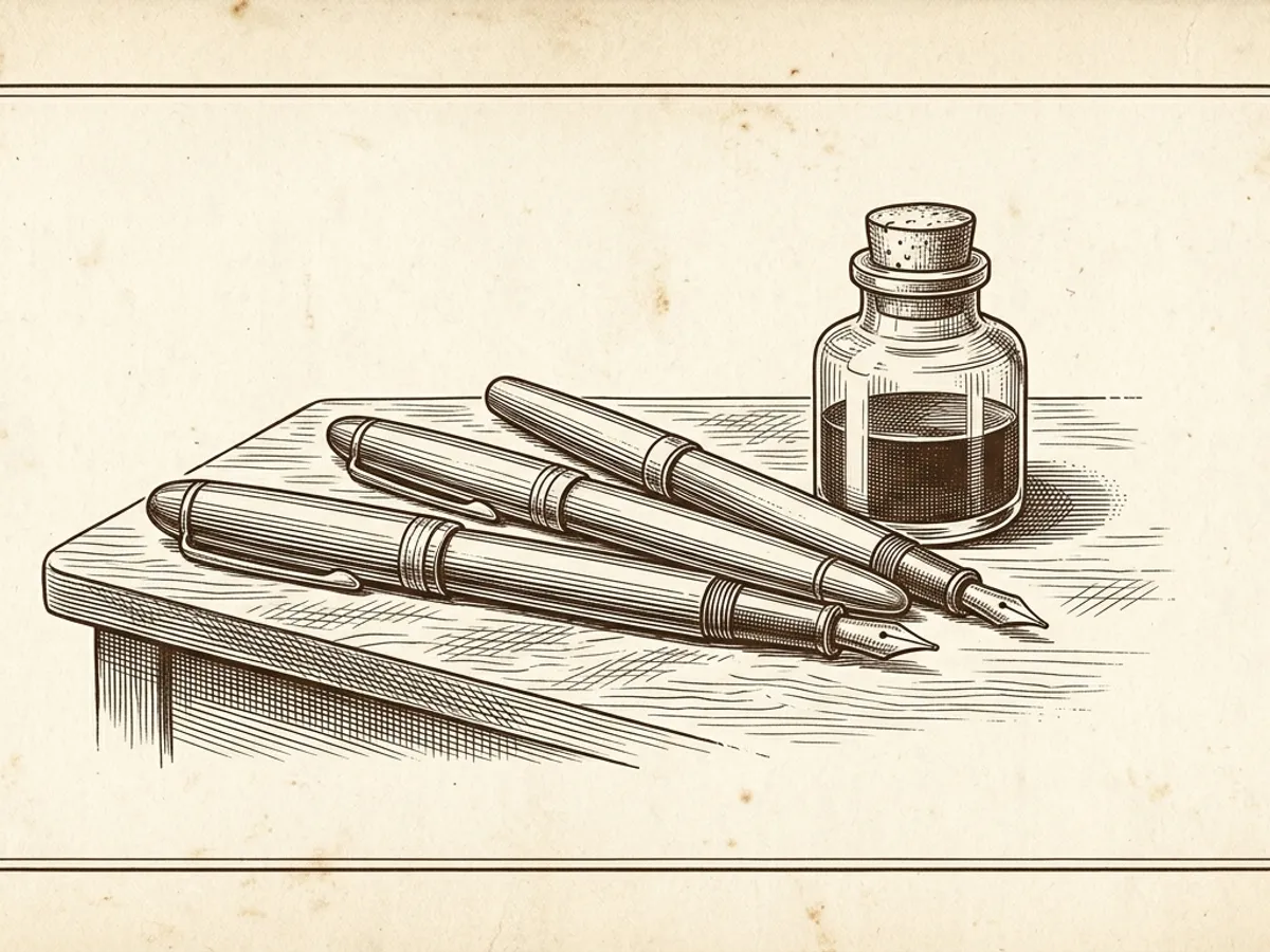 Three fountain pens resting diagonally on a wooden writing desk beside a glass ink bottle and a sheet of writing paper