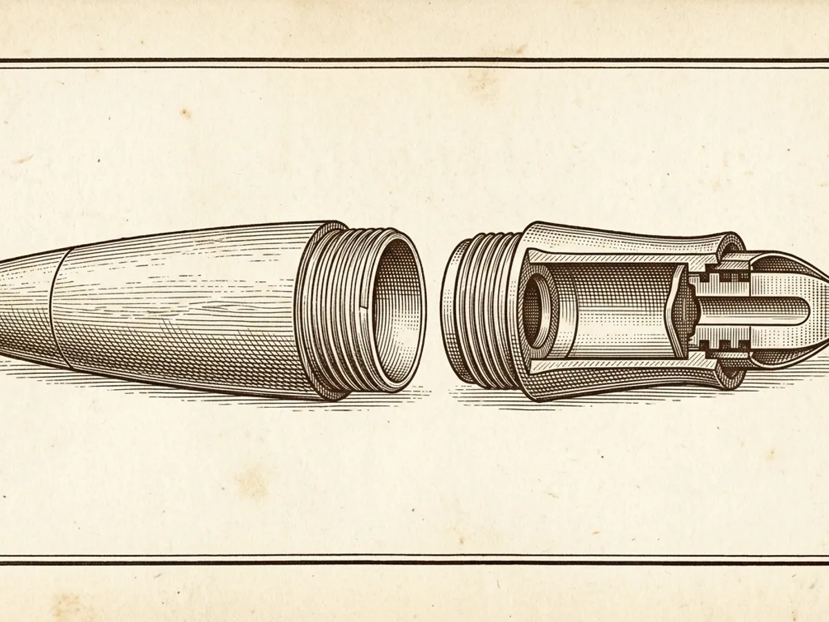 A fountain pen with its barrel removed, exposing the section and filling chamber