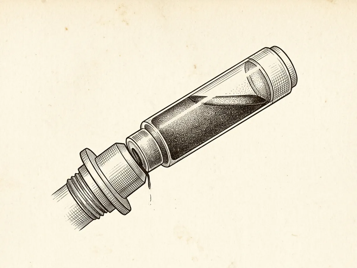 An ink cartridge engaged with a fountain pen section, ink visible in the sealed tube