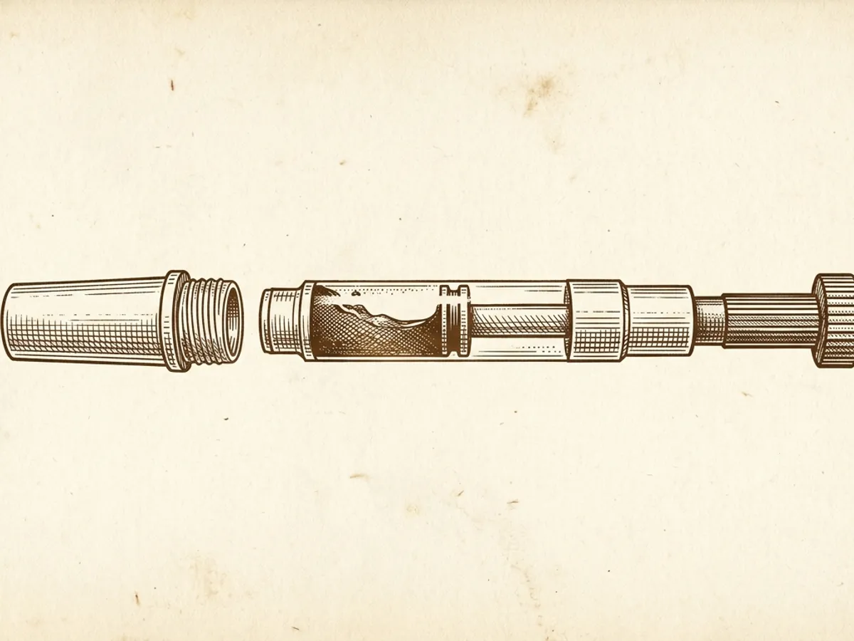 A converter alongside its section, piston shown mid-stroke drawing ink