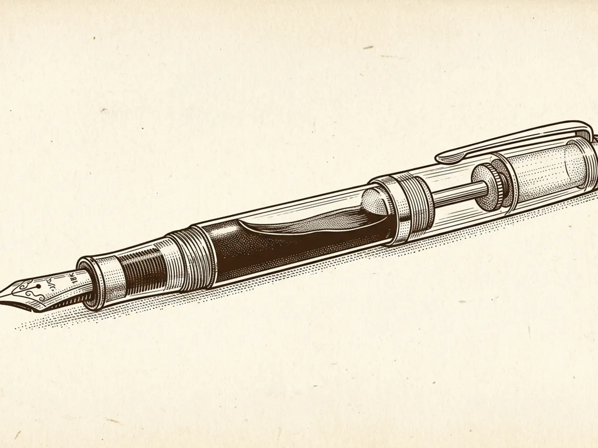 A demonstrator fountain pen with a built-in piston filler partially drawn