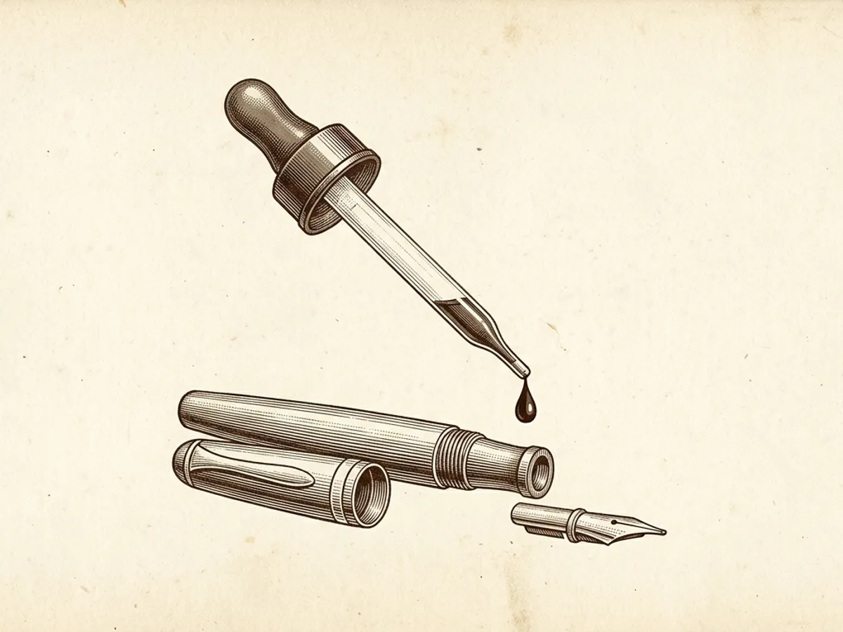 An eyedropper above an open fountain pen barrel, one drop of ink suspended