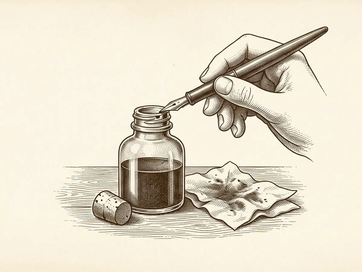 A fountain pen nib being wiped on the rim of an ink bottle beside a paper towel