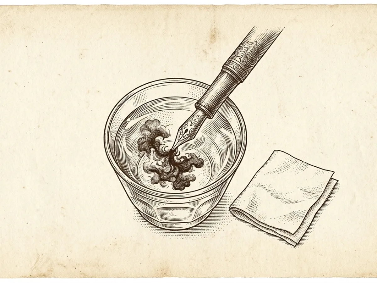 A fountain pen nib being rinsed in clean water with a paper towel nearby